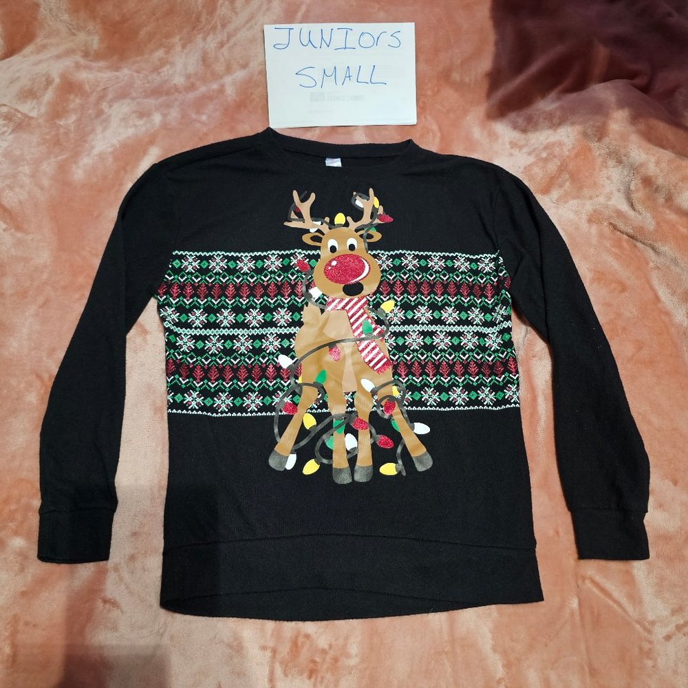 Juniors S Red Nose Reindeer Tangled Lights Glitter Black Sweatshirt NWOT